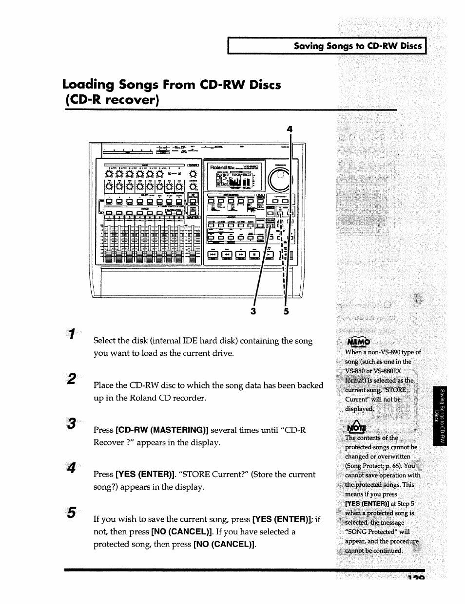 Loading songs from cd-rw discs (cd-r recover), Saving songs to cd-rw discs, Cd-rw (mastering) | Yes (enter), No (cancel) | Roland 24 bit Digital Studio Workstation VS-890 User Manual | Page 129 / 148