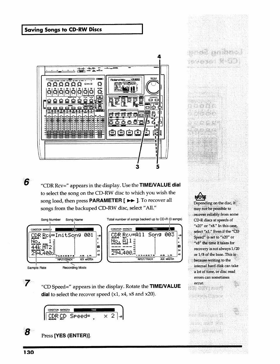 Saving songs to cd-rw discs, Cdrrcu=flll song 003, No. й11 | Cdr cd speed, X 2 press [yes (enter)]. 130, L >i, V__ inpu'h^iback, Cdr rc>f=initsong 001 | Roland 24 bit Digital Studio Workstation VS-890 User Manual | Page 130 / 148