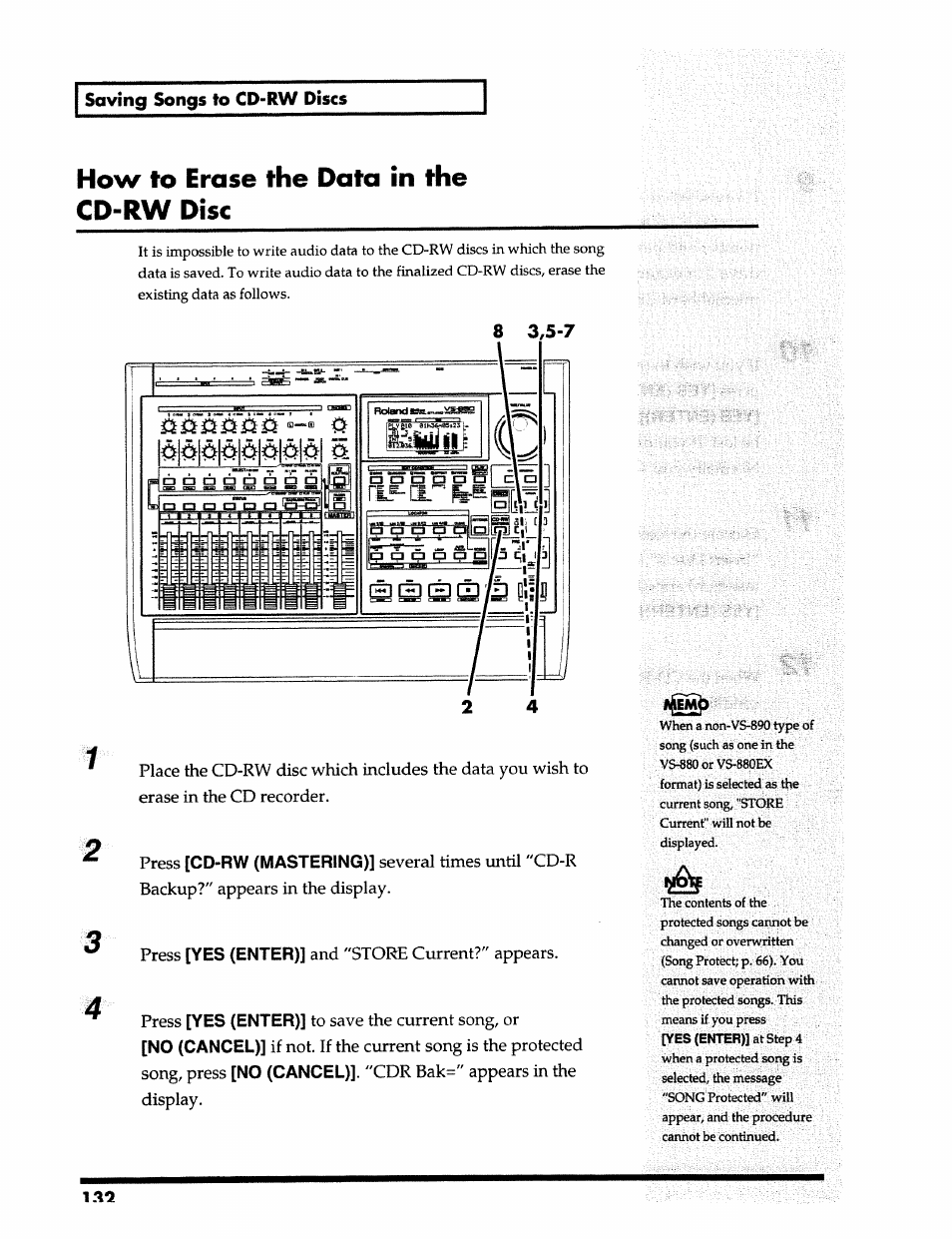 How to erase the data in the cd-rw disc, Saving songs to cd-rw discs, Cd-rw (mastering) | Yes (enter), No (cancel) | Roland 24 bit Digital Studio Workstation VS-890 User Manual | Page 132 / 148