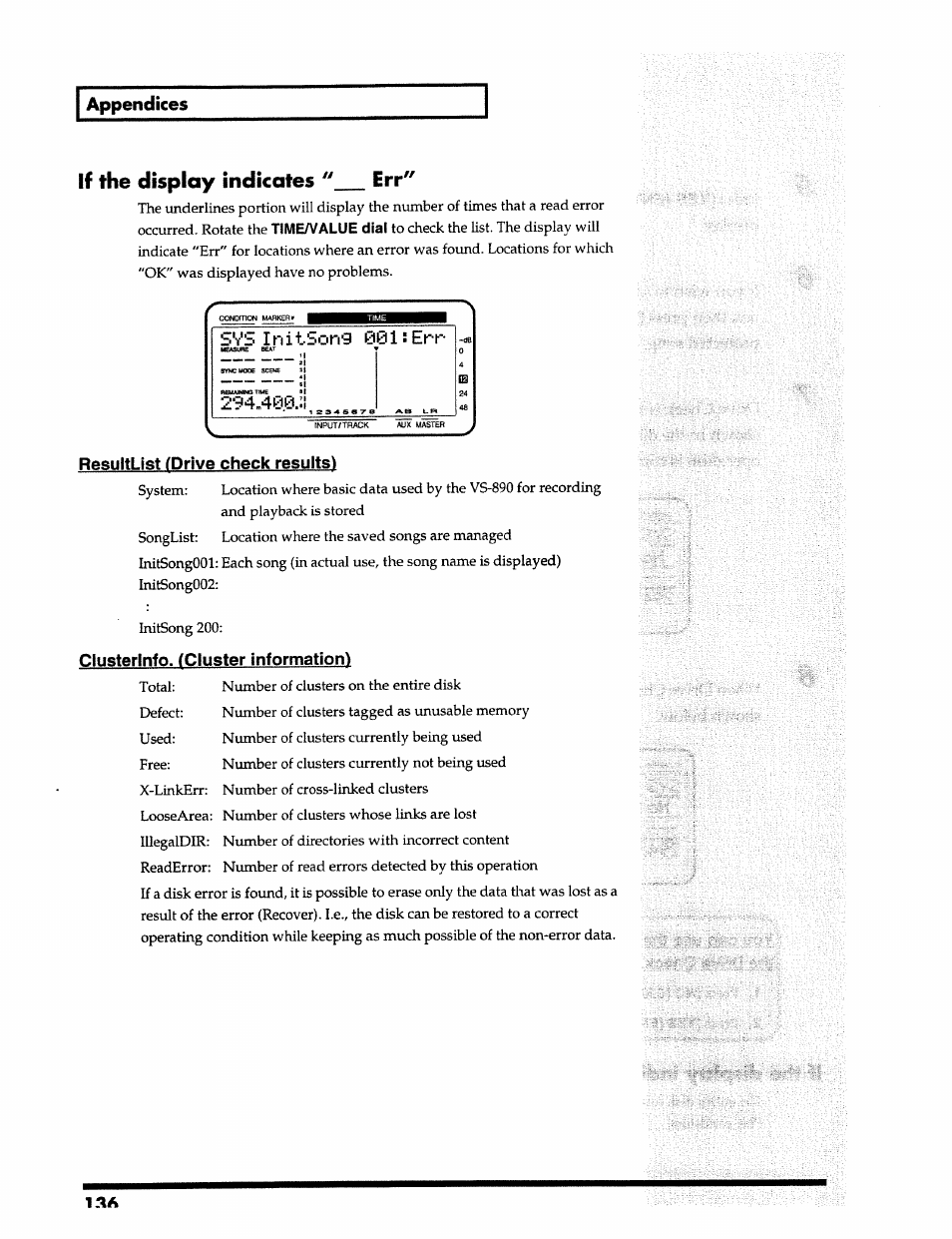 If fhe display indicates "____ err, Appendices, Resultlist (drive check results | Clusterinfo. (cluster information), Timeaf alue dial, Svs in it sori9 001 | Roland 24 bit Digital Studio Workstation VS-890 User Manual | Page 136 / 148