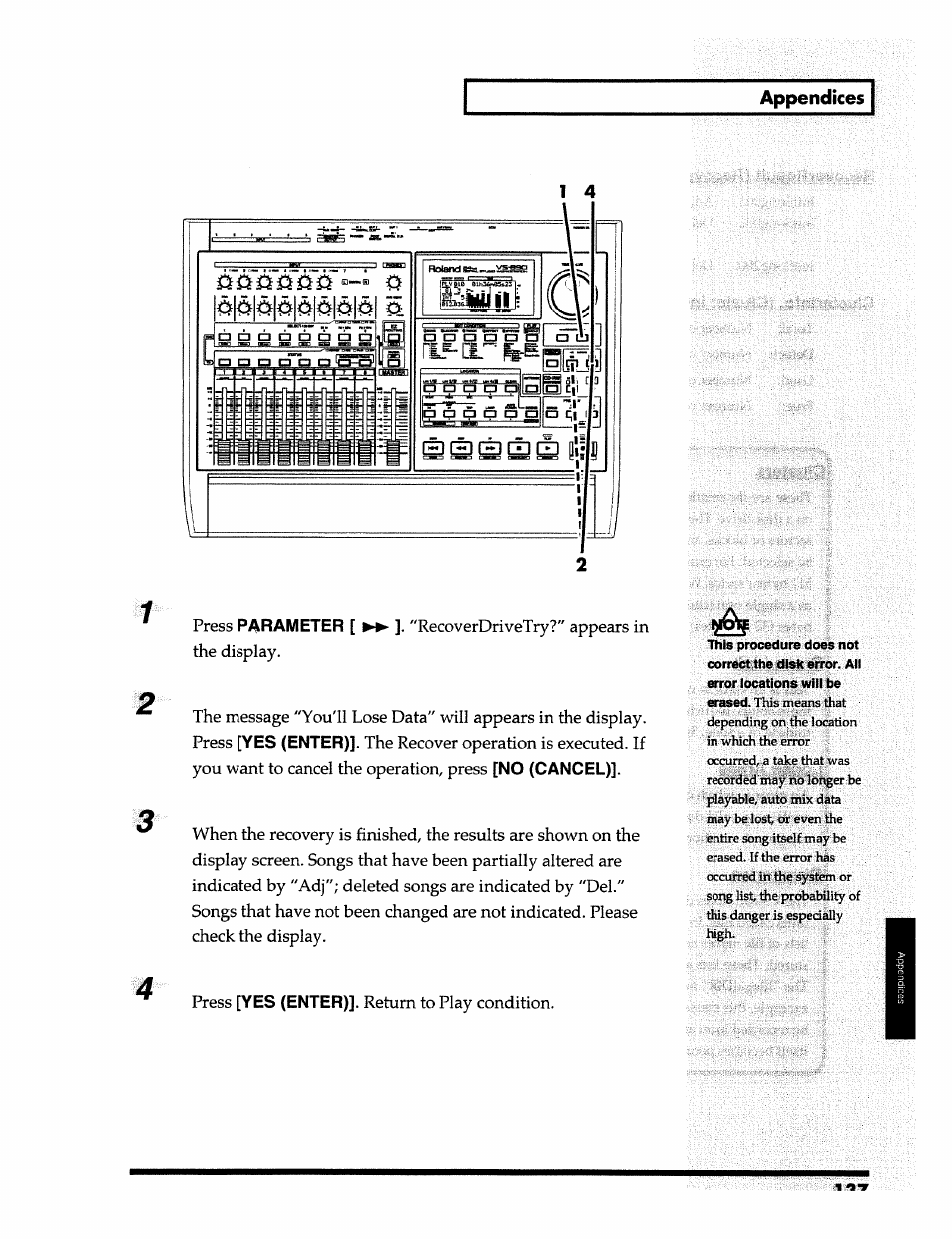 Appendices, Parameter, Yes (enter) | No (cancel) | Roland 24 bit Digital Studio Workstation VS-890 User Manual | Page 137 / 148