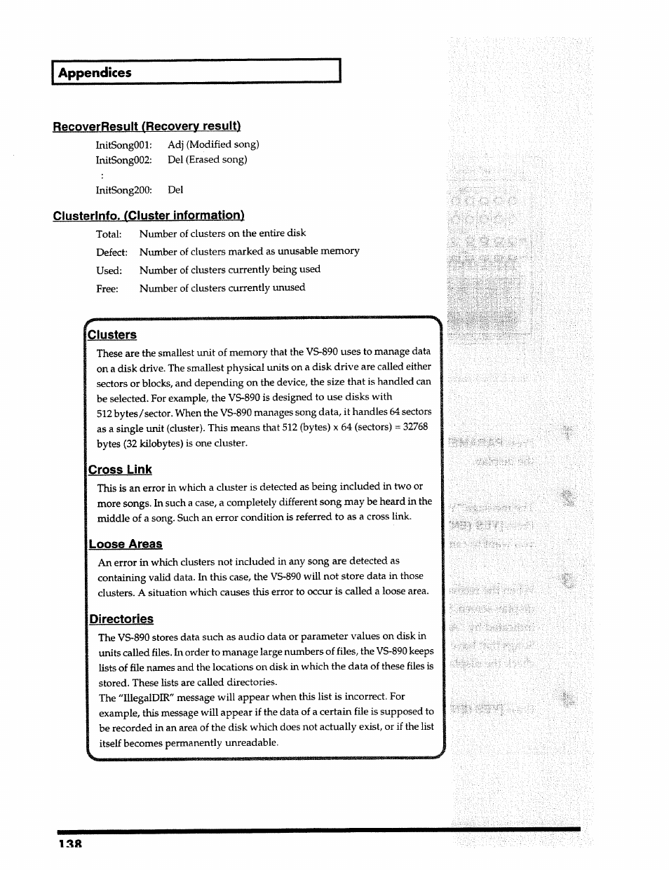 Appendices, Recoverresult (recovery results, Clusterinfo. (cluster information) | Clusters, Cross link, Loose areas, Directories | Roland 24 bit Digital Studio Workstation VS-890 User Manual | Page 138 / 148