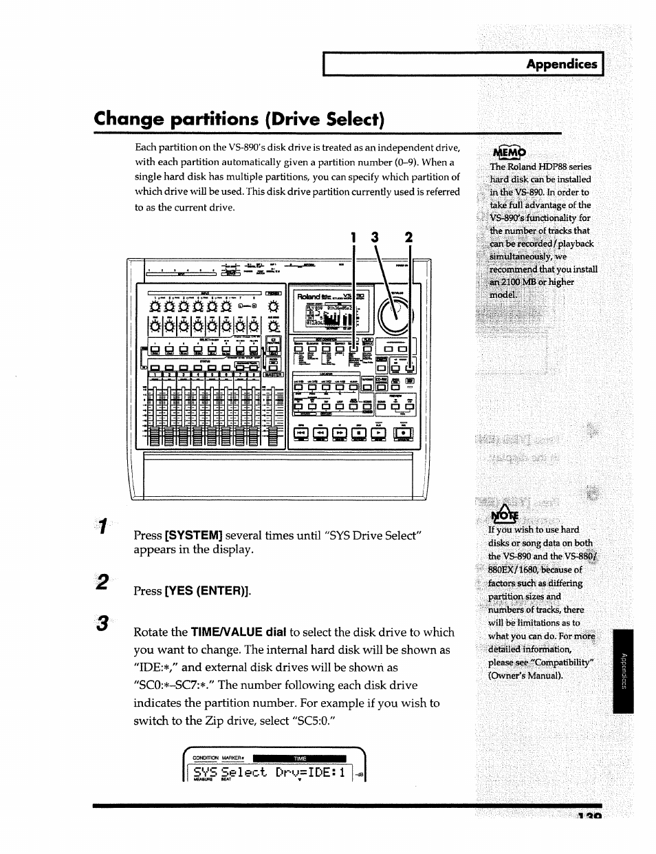 Change partitions (drive select), Appendices, System | Yes (enter), Timea^alue dial, Svs select dru=ide:1 |j | Roland 24 bit Digital Studio Workstation VS-890 User Manual | Page 139 / 148