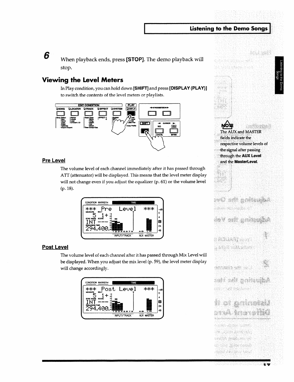 O o o, Viewing the level meters, Listening to the demo songs | Stop, Editcondmow, Pre level, Pfe lev© 1, Post level, Shift, Display (play) | Roland 24 bit Digital Studio Workstation VS-890 User Manual | Page 17 / 148