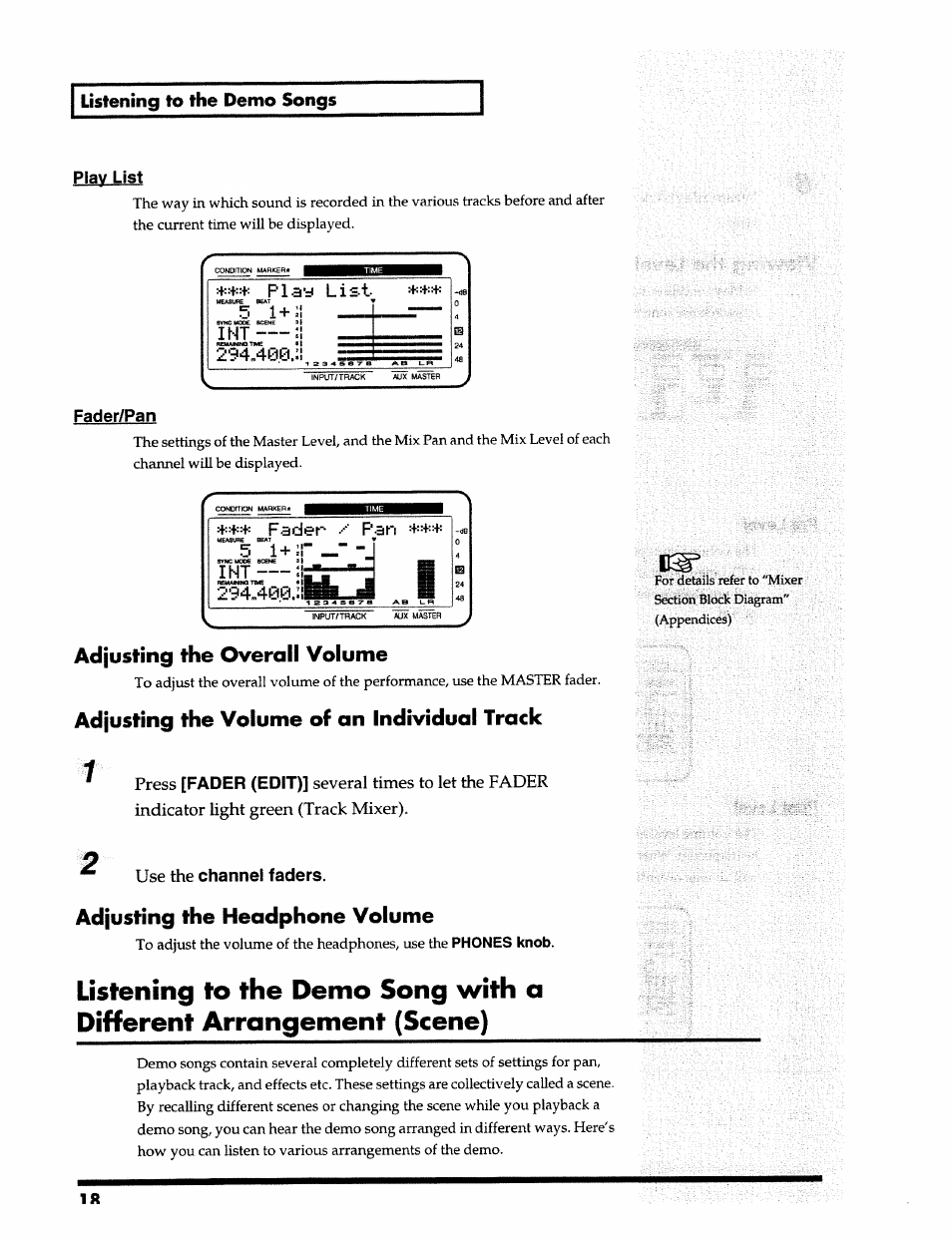 Adjusting the overall volume, Adjusting the volume of an individual track, Adjusting the headphone volume | Listening to the demo songs, Play list, Fader/pan, F3d©f, Fader (edit), Channel faders | Roland 24 bit Digital Studio Workstation VS-890 User Manual | Page 18 / 148