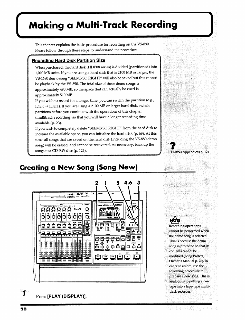 Making a multi-track recording, Creating a new song (song new), Creating a new song (song new') | Regarding hard disk partition size, Play (display) | Roland 24 bit Digital Studio Workstation VS-890 User Manual | Page 20 / 148