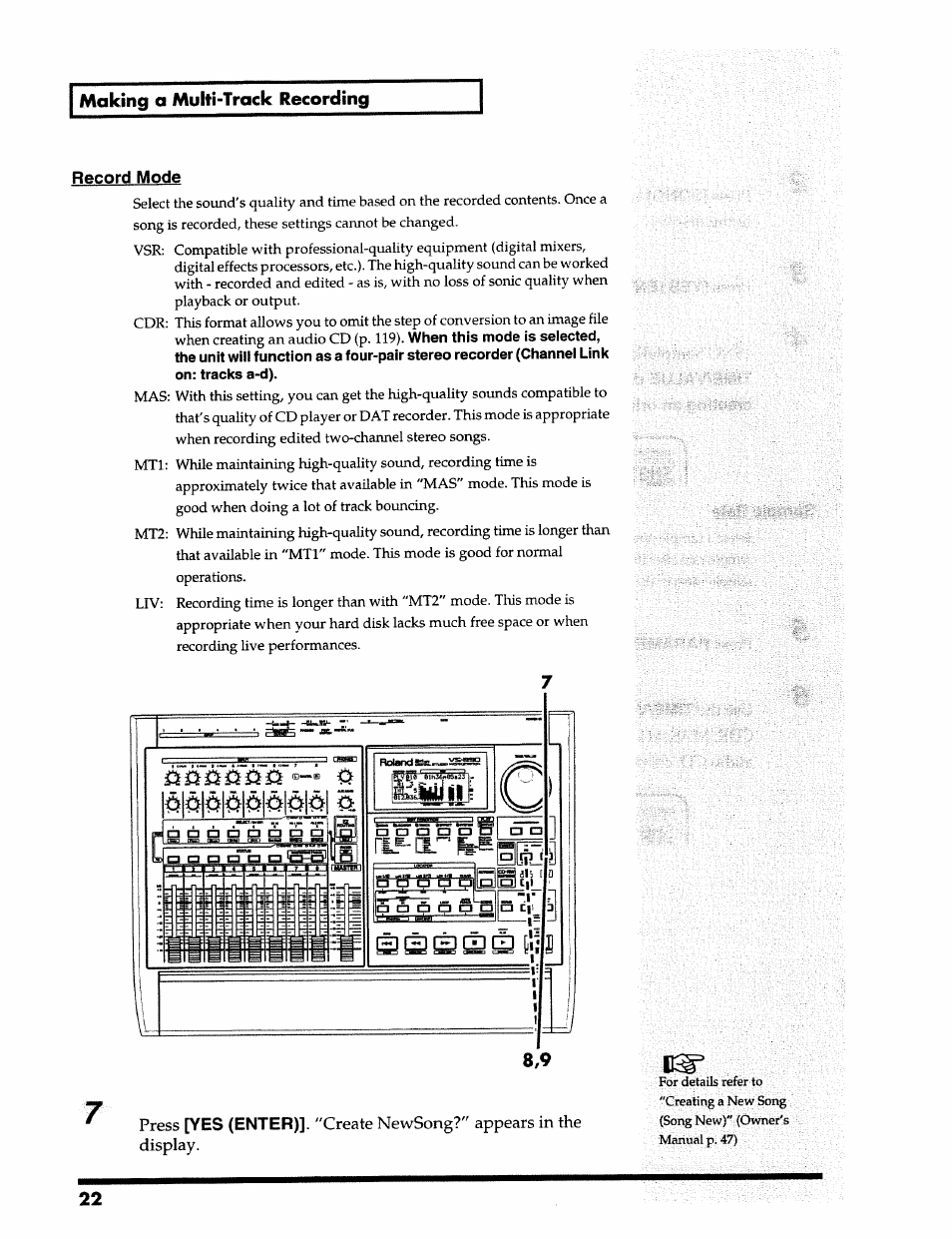 Making a multi-track recording, Record mode, Yes (enter) | Press, Create newsong?" appears in the display | Roland 24 bit Digital Studio Workstation VS-890 User Manual | Page 22 / 148