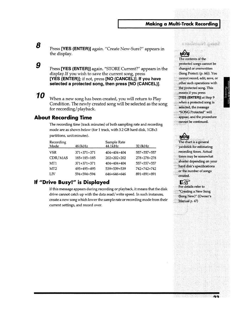 About recording time, If "drive busy!" is displayed, Making a multi-track recording | Yes (enter), Press, If not, press | Roland 24 bit Digital Studio Workstation VS-890 User Manual | Page 23 / 148