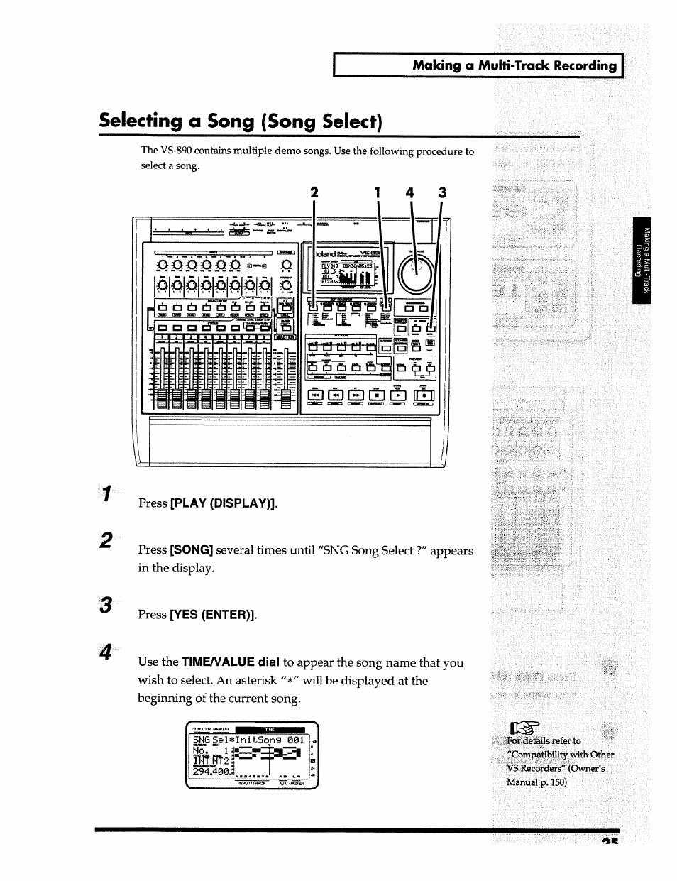 Selecting a song (song select), Ea---i, Making a multi-track recording | Play (display), Song, Yes (enter), Time/value dial, Press, Use the | Roland 24 bit Digital Studio Workstation VS-890 User Manual | Page 25 / 148