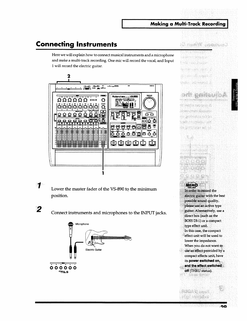 Connecting instruments, П15-с1гь, D = 5 a a a o*~a a | Making a multi-track recording, Ib^ji, Power switched on, and the effect switched off, О• "“яв 5 q | Roland 24 bit Digital Studio Workstation VS-890 User Manual | Page 29 / 148