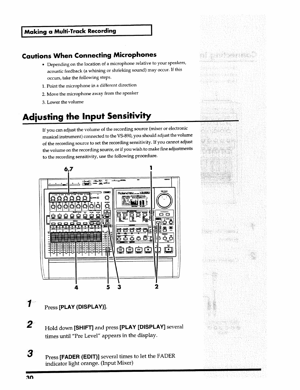 Adjusting the inpuf sensitivity, Adjusting the input sensitivity, Cautions when connecting microphones | Making a multi-track recording | Roland 24 bit Digital Studio Workstation VS-890 User Manual | Page 30 / 148