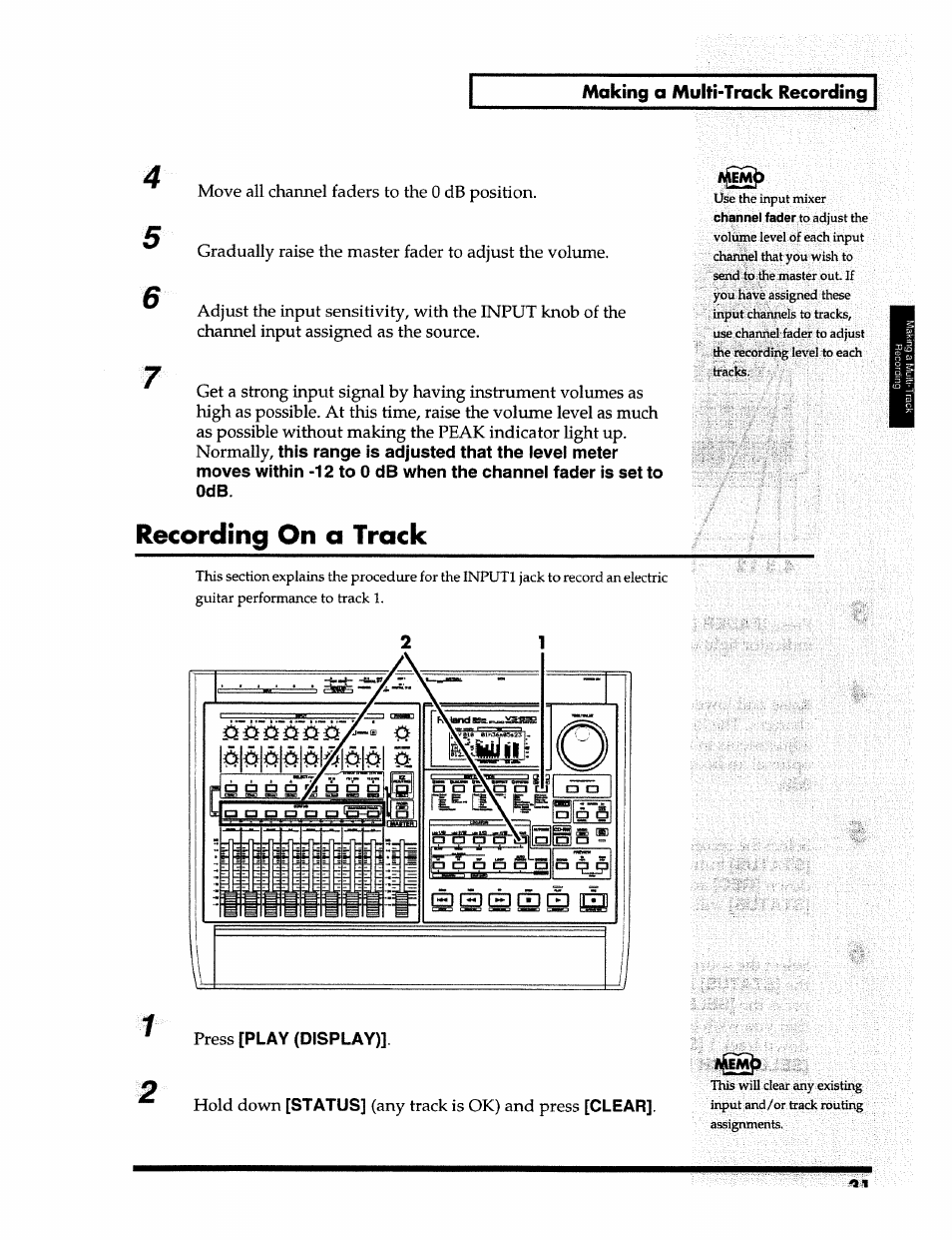 Recording on a track, Making a multi-track recording, Play (display) | Status, Clear | Roland 24 bit Digital Studio Workstation VS-890 User Manual | Page 31 / 148