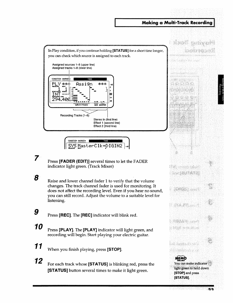 Making a multi-track recording, Pl'v, Fader (edit) | Play, Stop, Status | Roland 24 bit Digital Studio Workstation VS-890 User Manual | Page 33 / 148