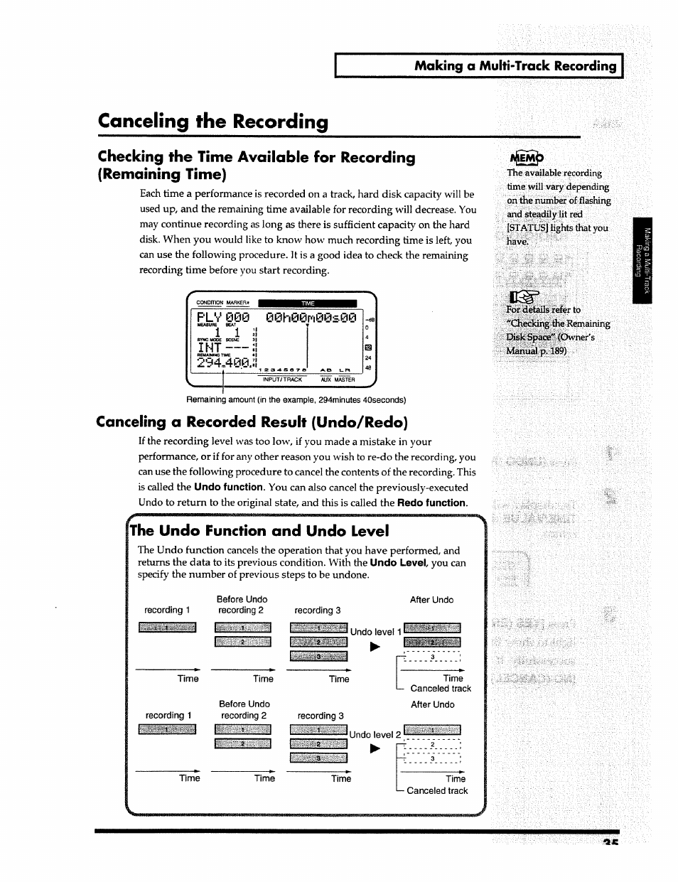 Canceling the recording, Canceling a recorded result (undo/redo), The undo function and undo level | Making a multi-track recording, I tr- 1 1 .i, I ^ ‘ 1 ^ i, I l r, I _ 3, Undo function, Redo function | Roland 24 bit Digital Studio Workstation VS-890 User Manual | Page 35 / 148