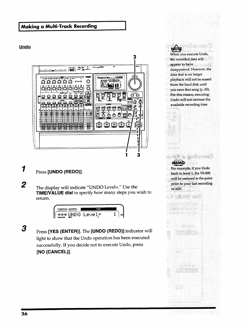 Making a multi-track recording, Undo 1 2, Undo (redo) | Time/value dial, Yes (enter), No (cancel)]. 36 | Roland 24 bit Digital Studio Workstation VS-890 User Manual | Page 36 / 148