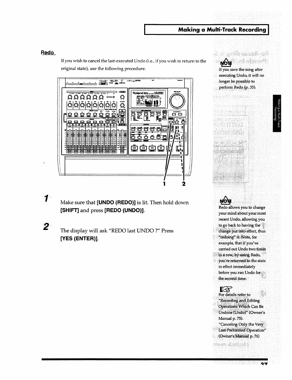 Making, Multi-track recording, Undo (redo) | Shift, Redo (undo), Yes (enter), Redo, Make sure that, Is lit. then hold down, And press | Roland 24 bit Digital Studio Workstation VS-890 User Manual | Page 37 / 148