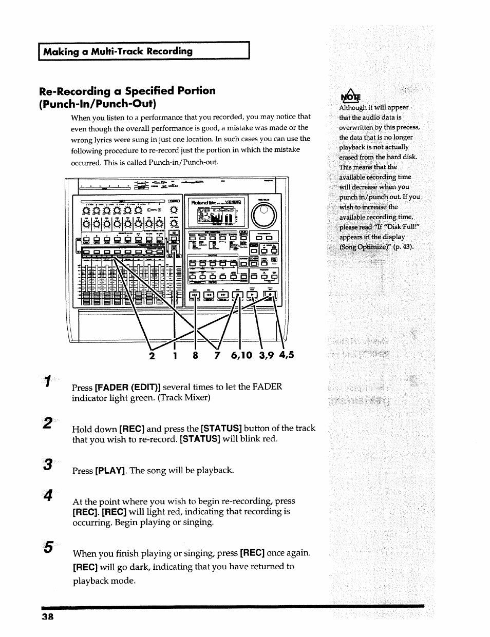 Making a multi-track recording, Fader (edit), Status | Play, Rec]. [rec | Roland 24 bit Digital Studio Workstation VS-890 User Manual | Page 38 / 148