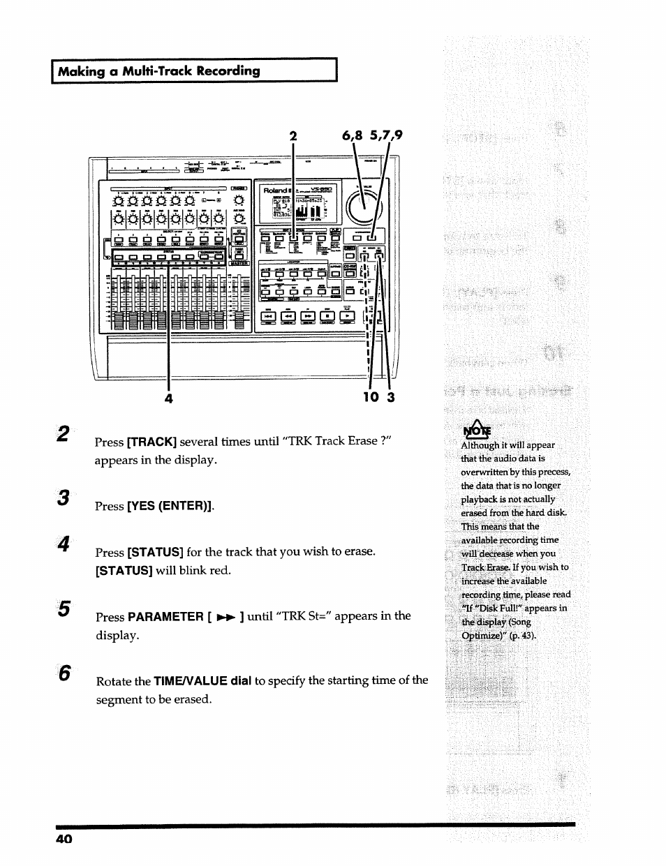 Making a multi-track recording, Track, Yes (enter) | Status, Parameter, Time/value dial | Roland 24 bit Digital Studio Workstation VS-890 User Manual | Page 40 / 148