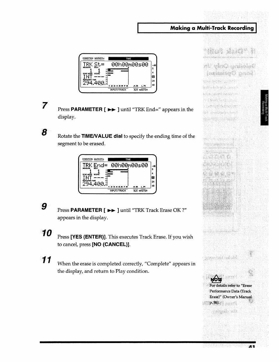 Making a multi-track recording, Parameter, Time/value dial | 1 1 ;i, Yes (enter), No (cancel), P.86) | Roland 24 bit Digital Studio Workstation VS-890 User Manual | Page 41 / 148