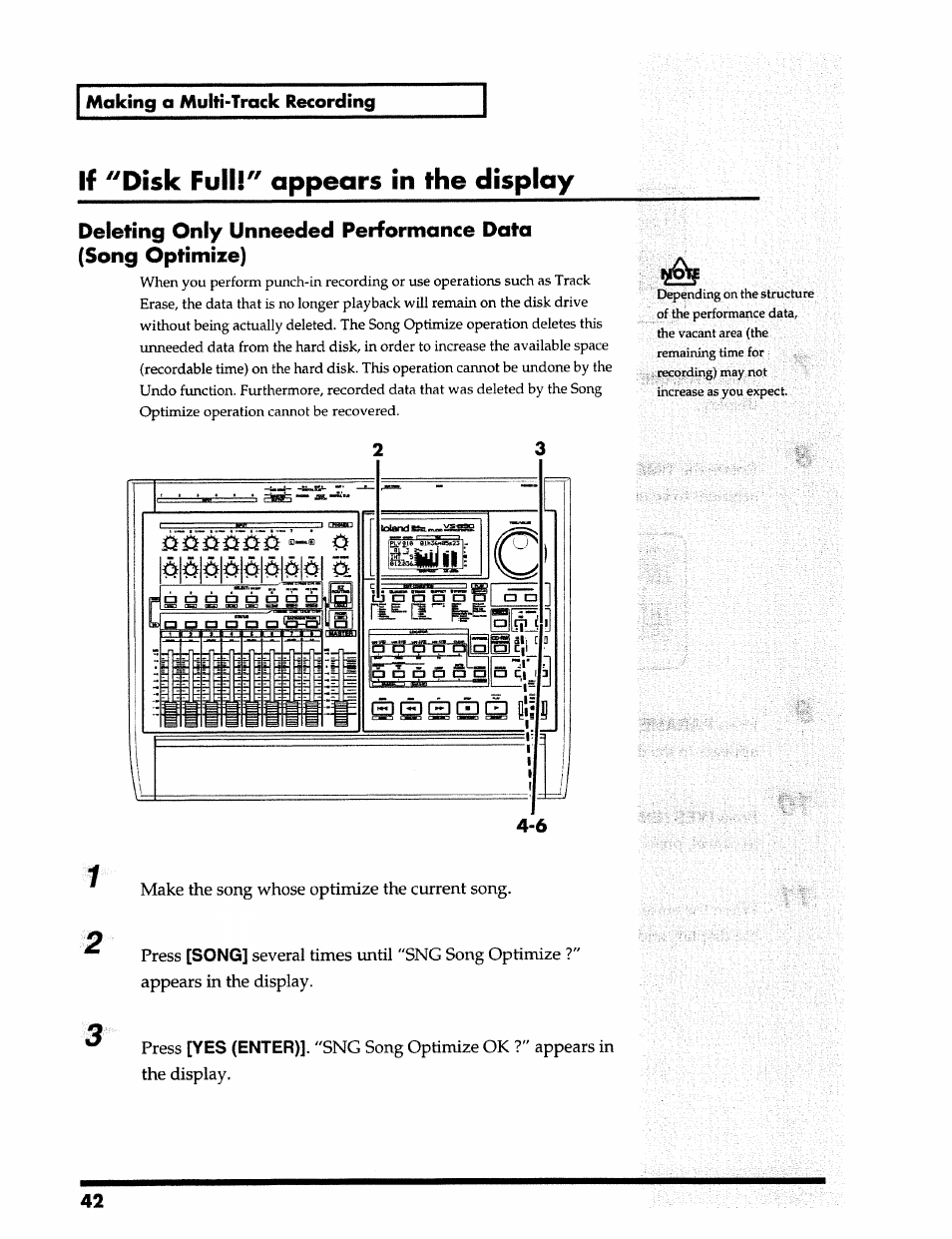 If ^^disk fullr^ appears in the display, If "disk full!" appears in the display, Making a multi-track recording | Song, Yes (enter), Sng song optimize ok ?" appears in the display | Roland 24 bit Digital Studio Workstation VS-890 User Manual | Page 42 / 148