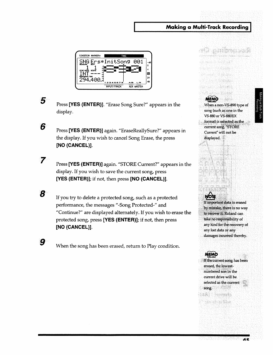 Making a multi-track recording, 8q|**3i^ b, Yes (enter) | No (cancel) | Roland 24 bit Digital Studio Workstation VS-890 User Manual | Page 45 / 148