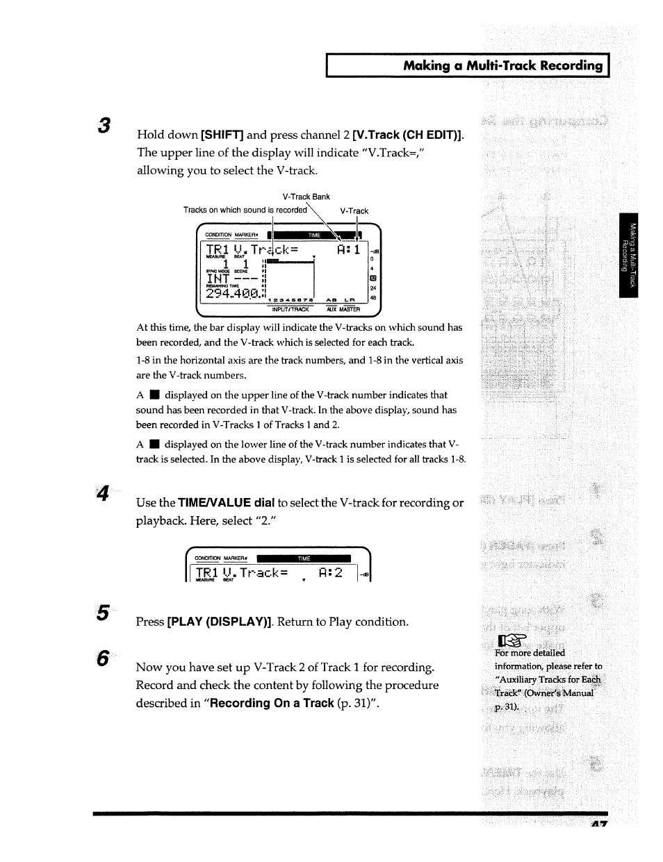 Making a multi-track recording, Shift, V.track (ch edit) | Dial, Trl u.track, Fl:2 5 6, Play (display), Recording on a track | Roland 24 bit Digital Studio Workstation VS-890 User Manual | Page 47 / 148