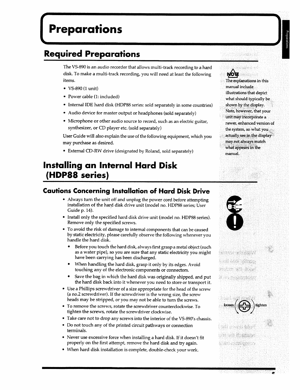 Preparations, Required preparations, Installing an internal hard disk (hdp88 series) | Roland 24 bit Digital Studio Workstation VS-890 User Manual | Page 5 / 148