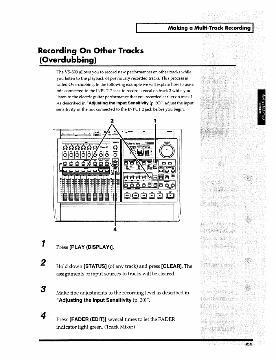 Recording on other tracks (overdubbing), Making a multi-track recording | Roland 24 bit Digital Studio Workstation VS-890 User Manual | Page 51 / 148