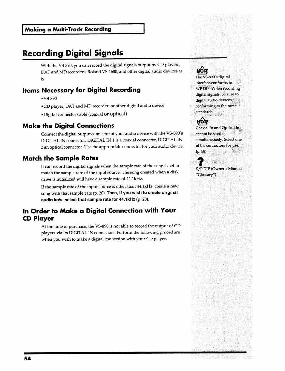 Recording digital signals, Items necessary for digital recording, Make the digital connections | Match the sample rates, Making a multi-track recording, Or optical) | Roland 24 bit Digital Studio Workstation VS-890 User Manual | Page 54 / 148
