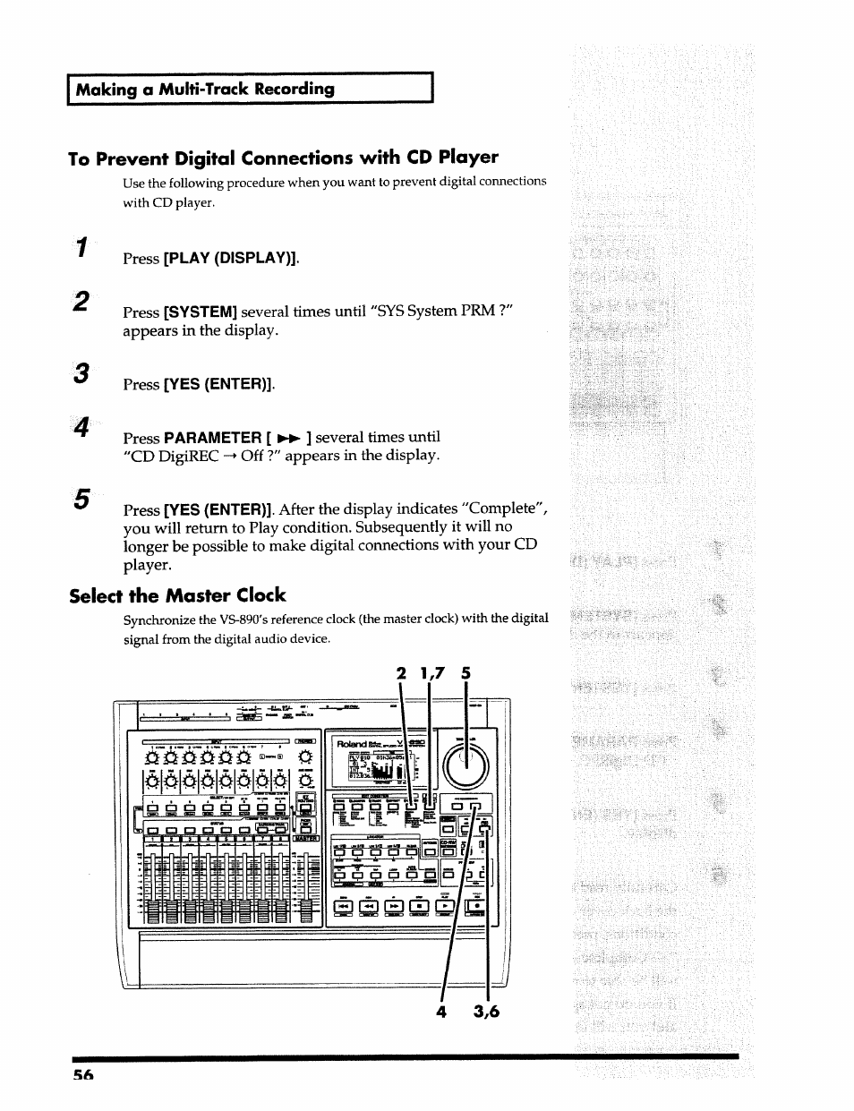 Select the master clock, Making a multi-track recording, Play (display) | System, Yes (enter), Parameter | Roland 24 bit Digital Studio Workstation VS-890 User Manual | Page 56 / 148