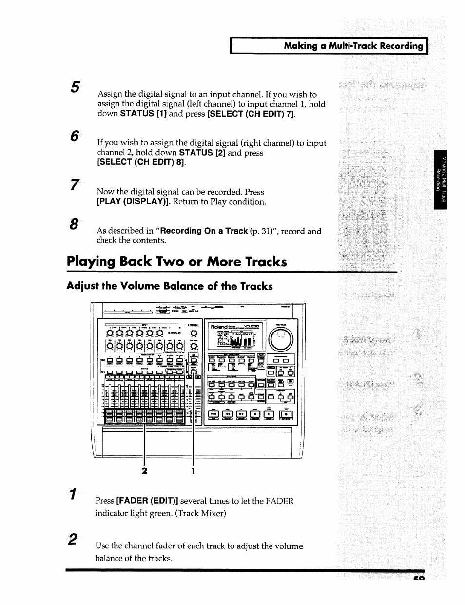 Playing back two or more tracks, Playing back 1 wo or more tracks, Adjust the volume balance of the tracks | Making a multi-track recording | Roland 24 bit Digital Studio Workstation VS-890 User Manual | Page 59 / 148