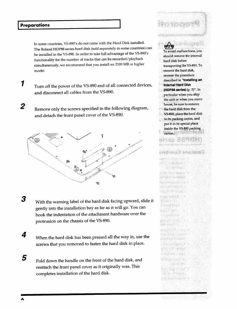 Preparations, Installing an internal hard disk (hdp88 series) | Roland 24 bit Digital Studio Workstation VS-890 User Manual | Page 6 / 148
