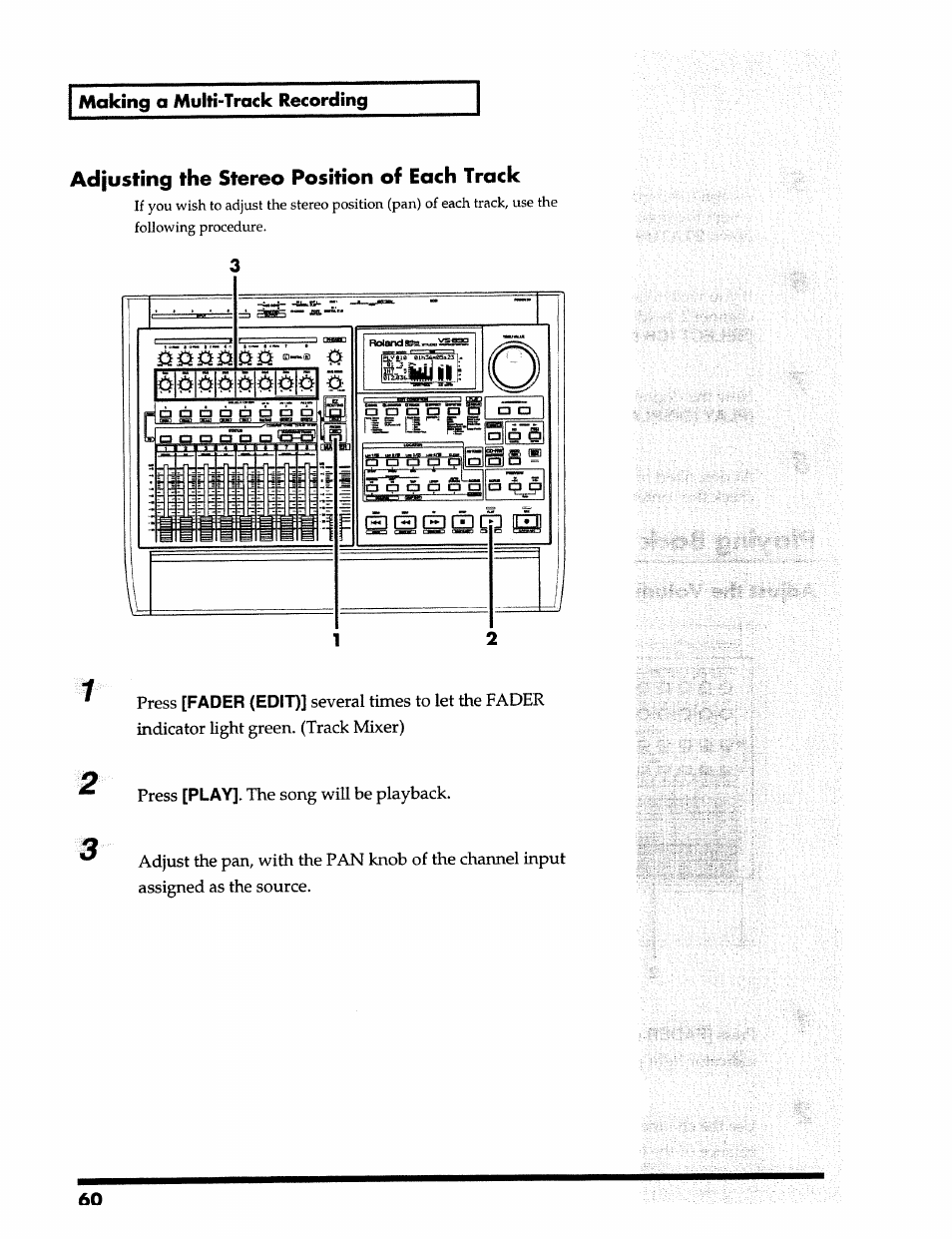 Adjusting the stereo position of each track, Making a multi-track recording | Roland 24 bit Digital Studio Workstation VS-890 User Manual | Page 60 / 148