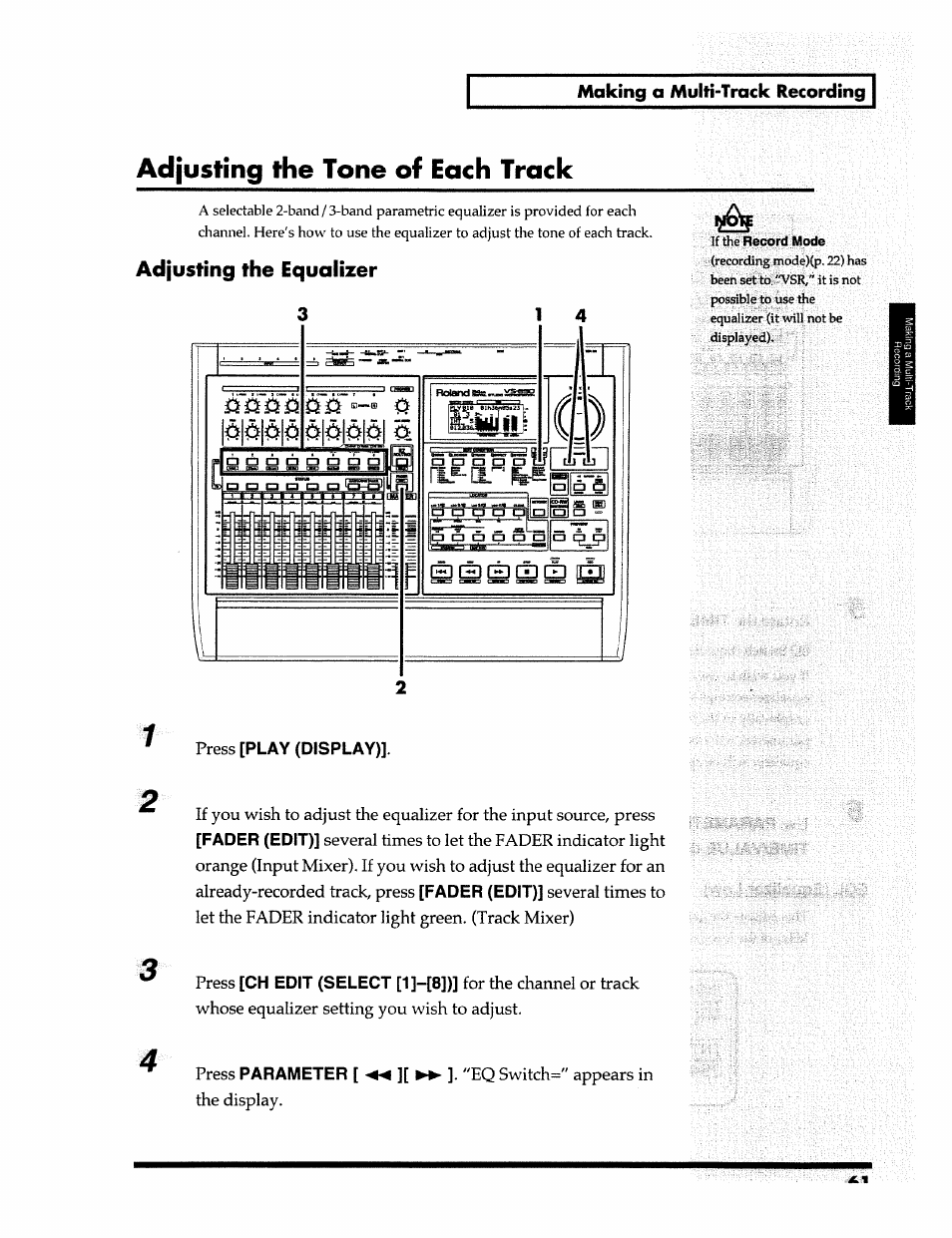 Adjusting the tone of each track, Adjusting the stereo position of each track, Adjusting the equalizer | Roland 24 bit Digital Studio Workstation VS-890 User Manual | Page 61 / 148