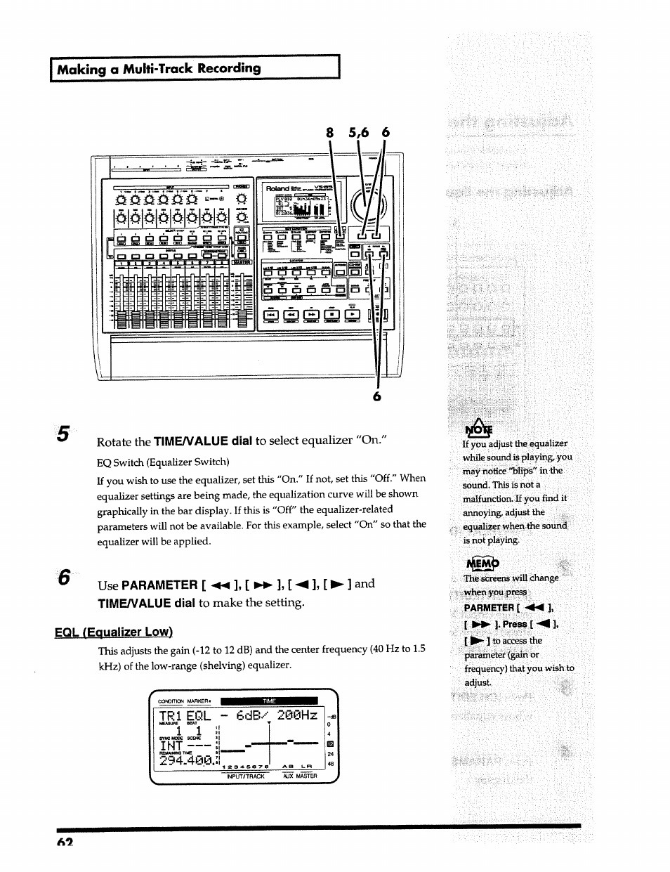 Making a multi-track recording, Time/value dial, Parameter [◄◄],[►►],[◄],[ i timea/alue dial | Eql (equalizer low), Trl eql, I nt, Parmeter [ ◄◄ 1 | Roland 24 bit Digital Studio Workstation VS-890 User Manual | Page 62 / 148