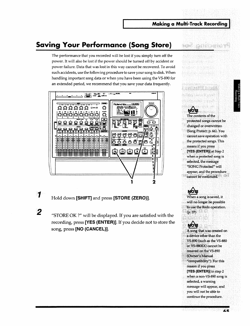 Saving your performance (song store), Making a multi-track recording, Shift | Store (zero), No (cancel), Yes (enter), Hold down, And press, If you decide not to store the song, press | Roland 24 bit Digital Studio Workstation VS-890 User Manual | Page 65 / 148