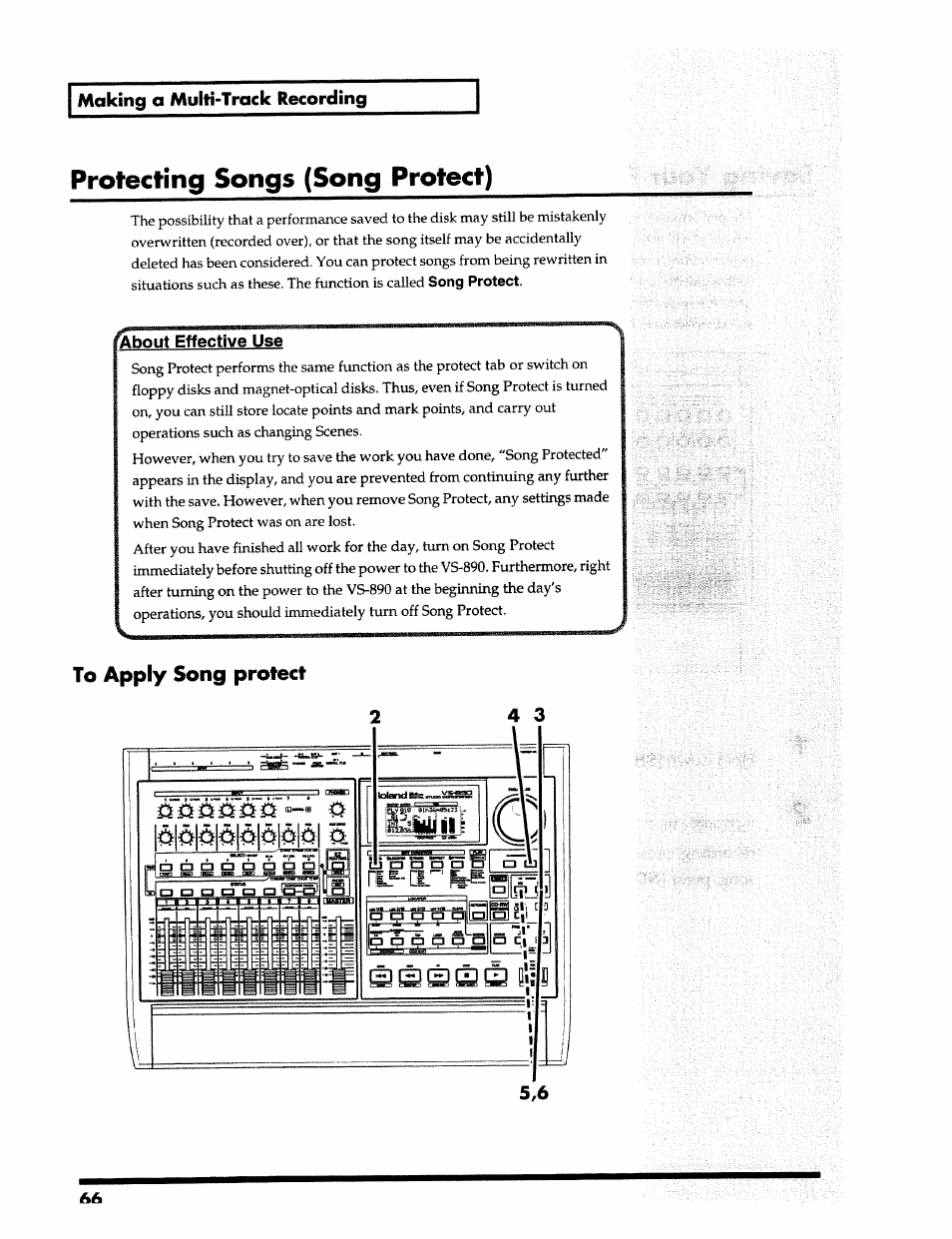 Protecting songs (song protect), Making a multi-track recording, I— about effective use | Song protect | Roland 24 bit Digital Studio Workstation VS-890 User Manual | Page 66 / 148