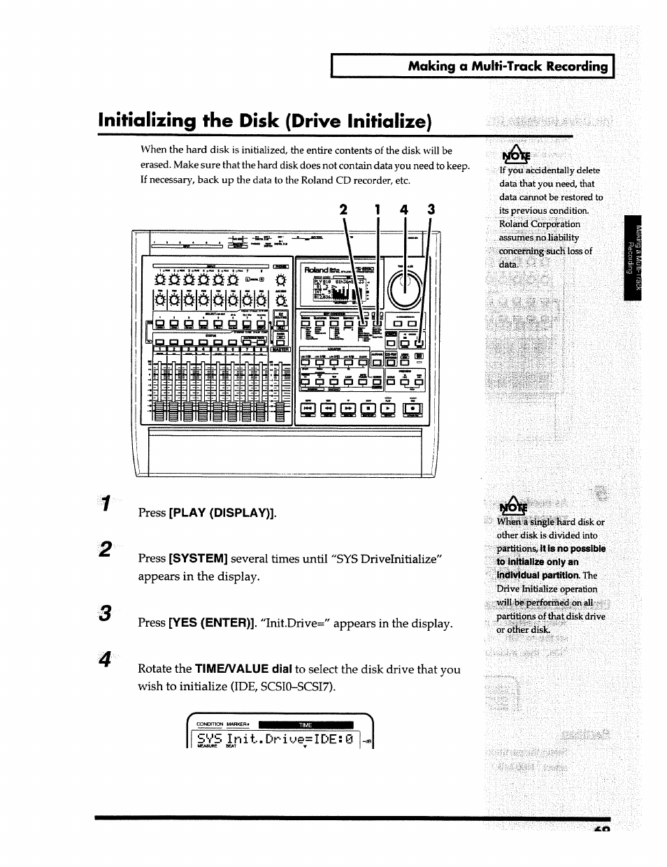 Initializing the disk (drive initialize), Making a multi-track recording, Play (display) | System, Yes (enter), Time/value dial | Roland 24 bit Digital Studio Workstation VS-890 User Manual | Page 69 / 148