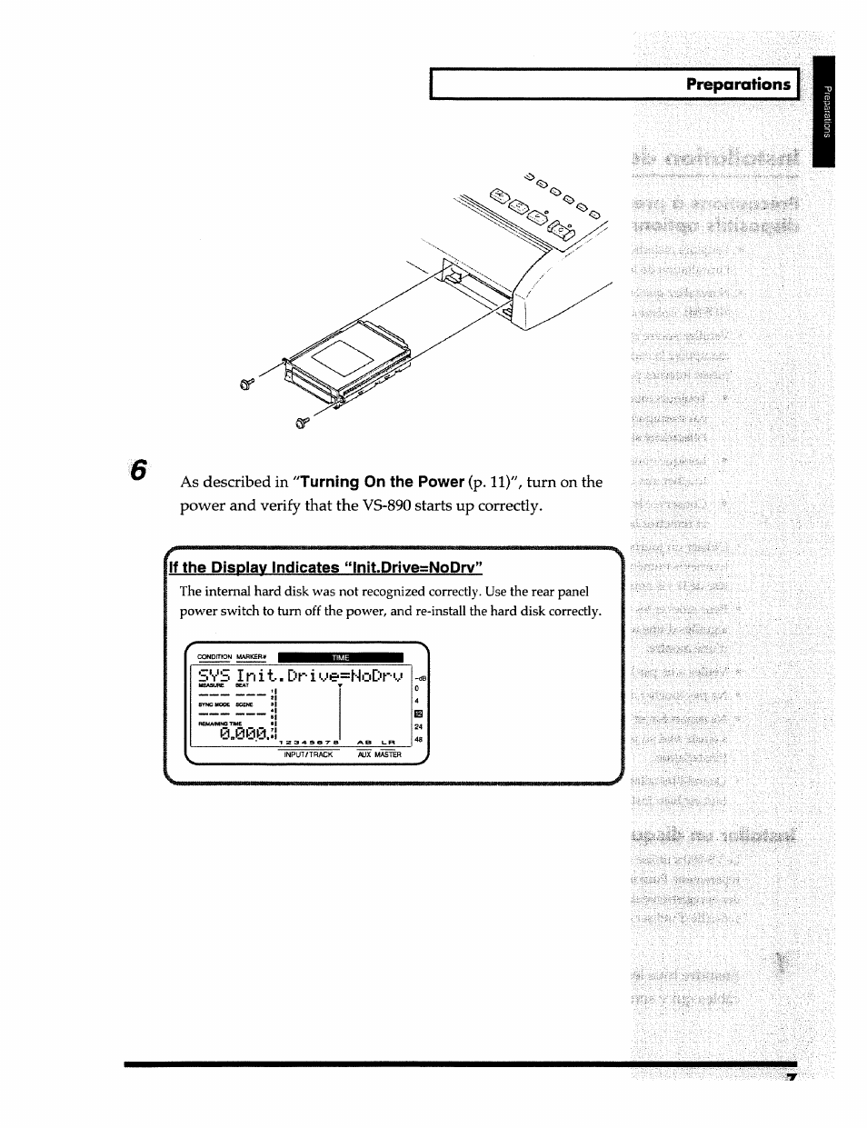 Turning on the power, If the display indicates “lnit.drive=nodrv, As described in | Dri'v'e =nodr'v | Roland 24 bit Digital Studio Workstation VS-890 User Manual | Page 7 / 148