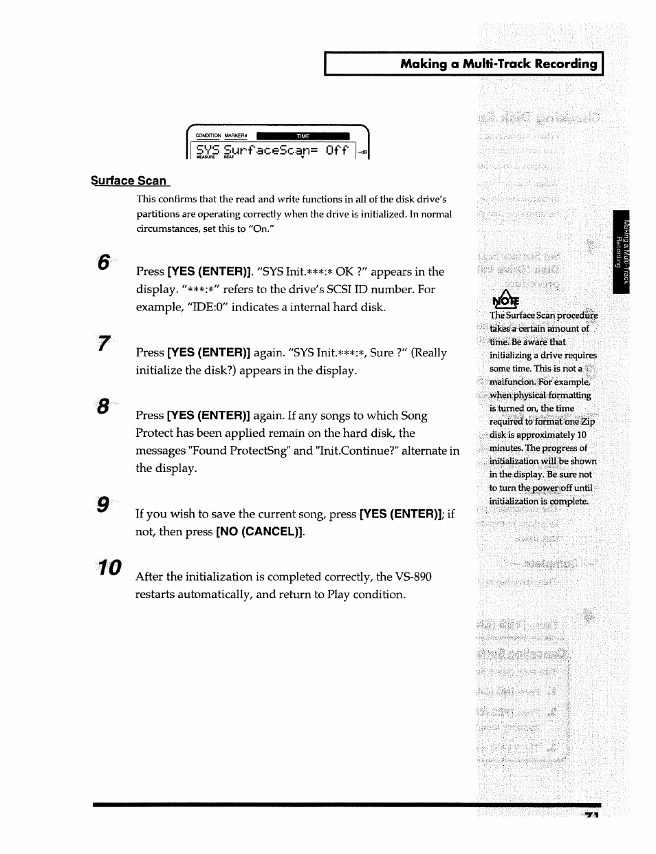 Making a multi-track recording, Surface scan, Yes (enter) | No (cancel) | Roland 24 bit Digital Studio Workstation VS-890 User Manual | Page 71 / 148