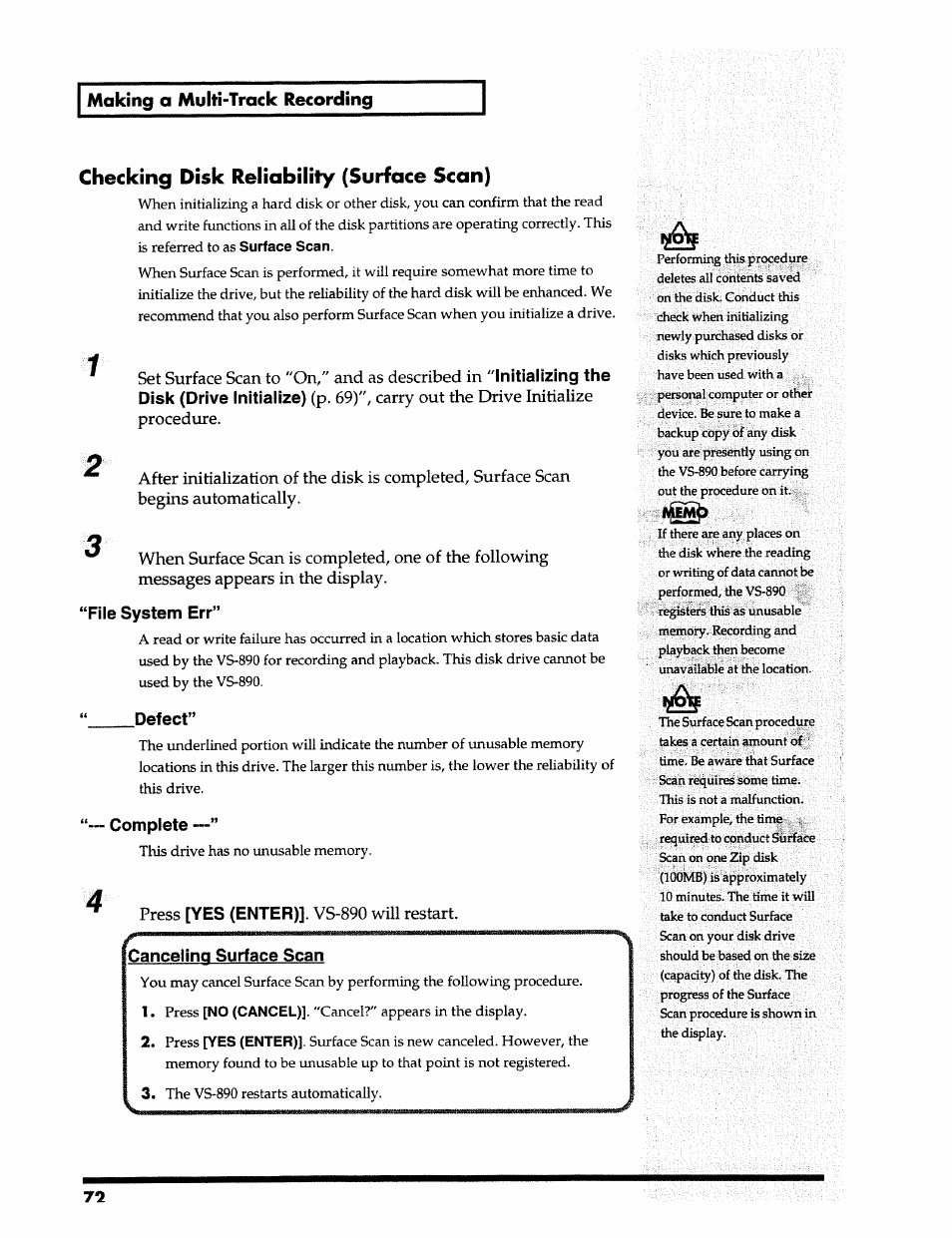 Checking disk reliability (surface scan), Making a multi-track recording, Initializing the disk (drive initialize) | File system err, Defect, Complete, Yes (enter), Canceiinq surface scan, Surface scan, No (cancel) | Roland 24 bit Digital Studio Workstation VS-890 User Manual | Page 72 / 148