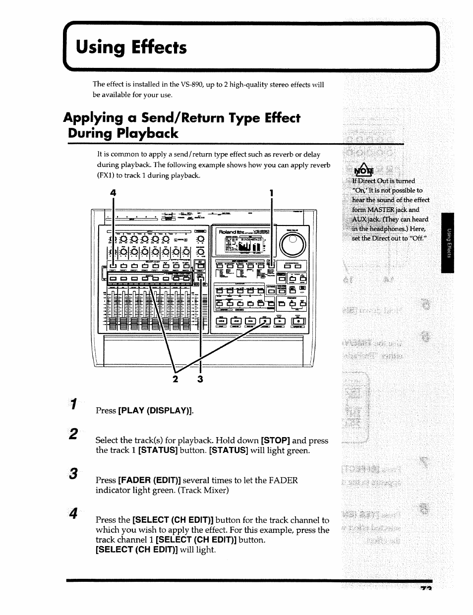 Using effects, Applying a send/return type effect during playback | Roland 24 bit Digital Studio Workstation VS-890 User Manual | Page 73 / 148