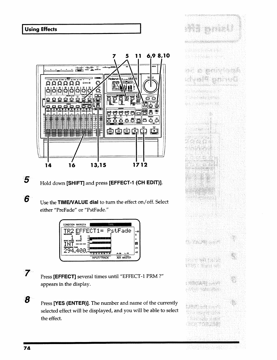 Using effects, Hold down [shift] and press [effect-1 (ch edit), Time/value dial | Effect, Yes (enter), Ii 74 | Roland 24 bit Digital Studio Workstation VS-890 User Manual | Page 74 / 148