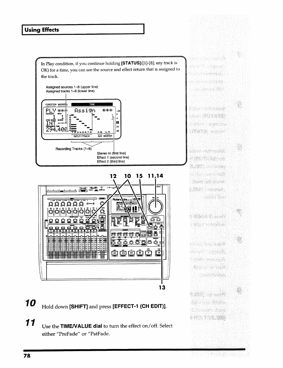 Using effects, I nt, Shift | Effect-1 (ch edit), Time/value dial, I'kipl-i | Roland 24 bit Digital Studio Workstation VS-890 User Manual | Page 78 / 148
