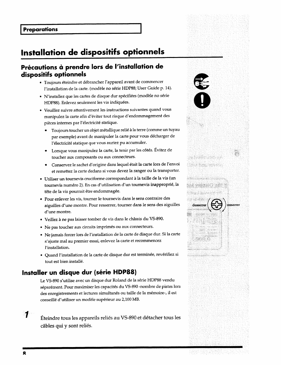Installation de dispositifs optionnels, Installer un disque dur (série hdp88), Preparations | Roland 24 bit Digital Studio Workstation VS-890 User Manual | Page 8 / 148