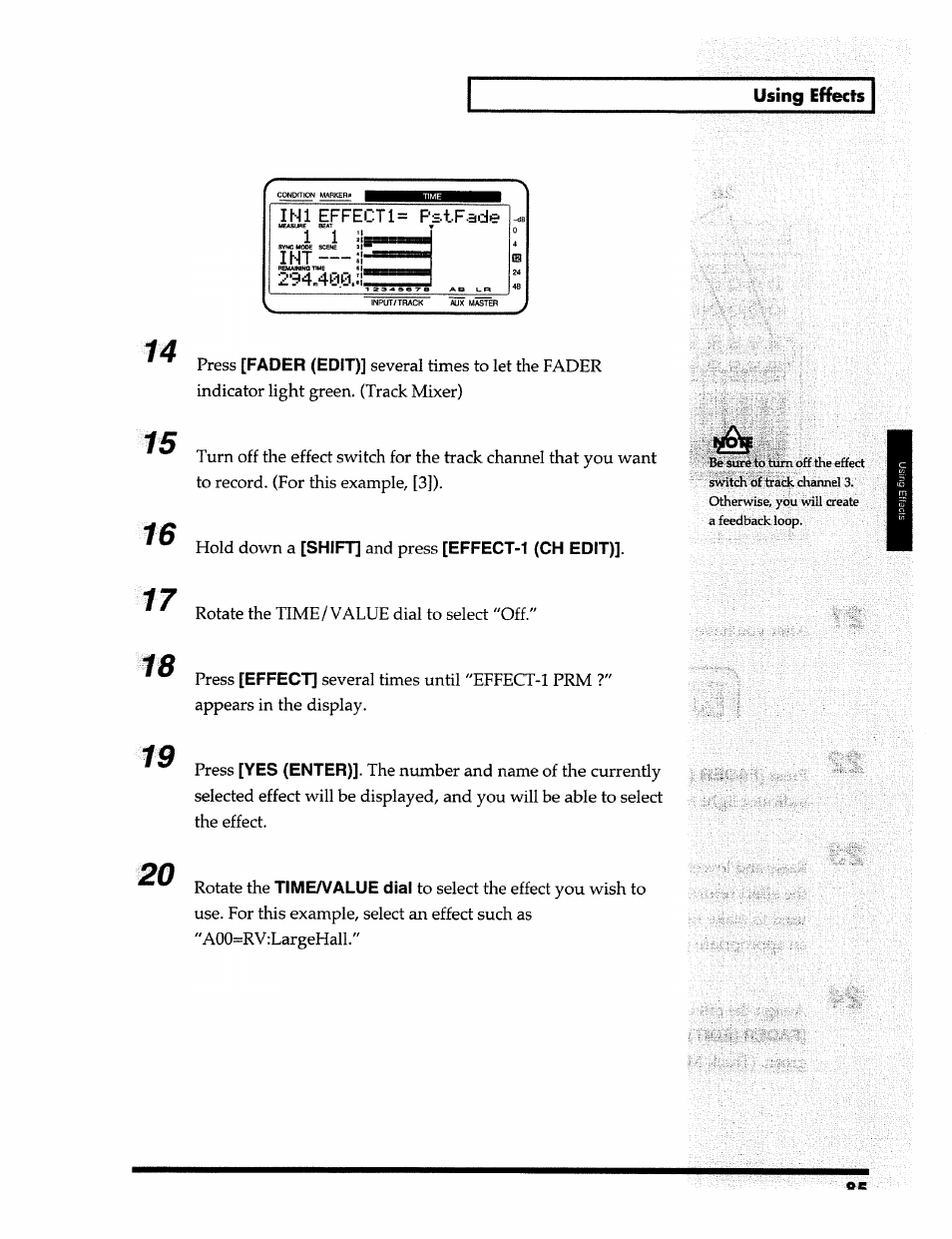 Using effects, Fader (edit), Shift | Effect-1 (ch edit), Effect, Yes (enter), Time/value dial | Roland 24 bit Digital Studio Workstation VS-890 User Manual | Page 85 / 148