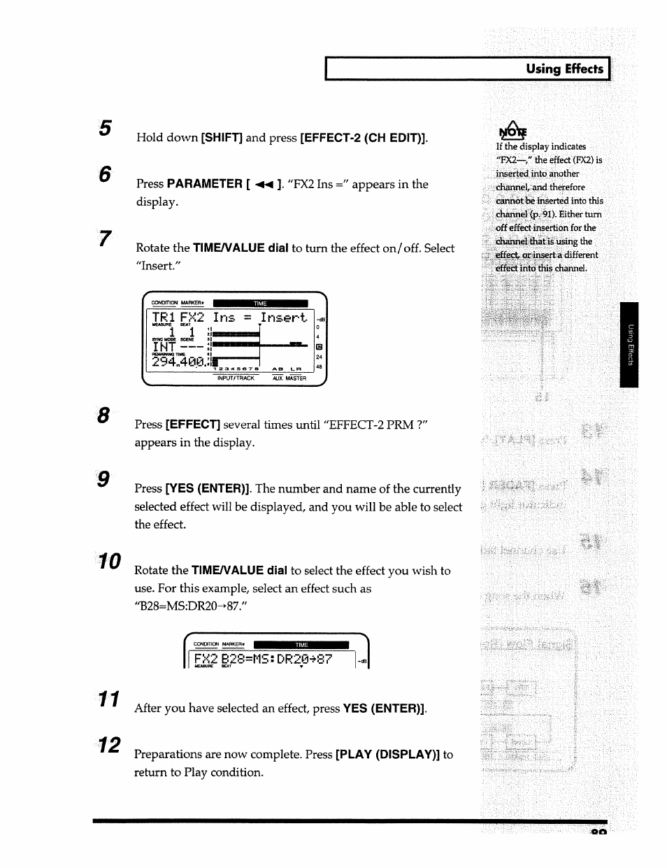 Using effects, Shift, Effect-2 (ch edit) | Parameter, Timea/alue dial, Effect, Yes (enter), Time/value dial, Play (display) | Roland 24 bit Digital Studio Workstation VS-890 User Manual | Page 89 / 148