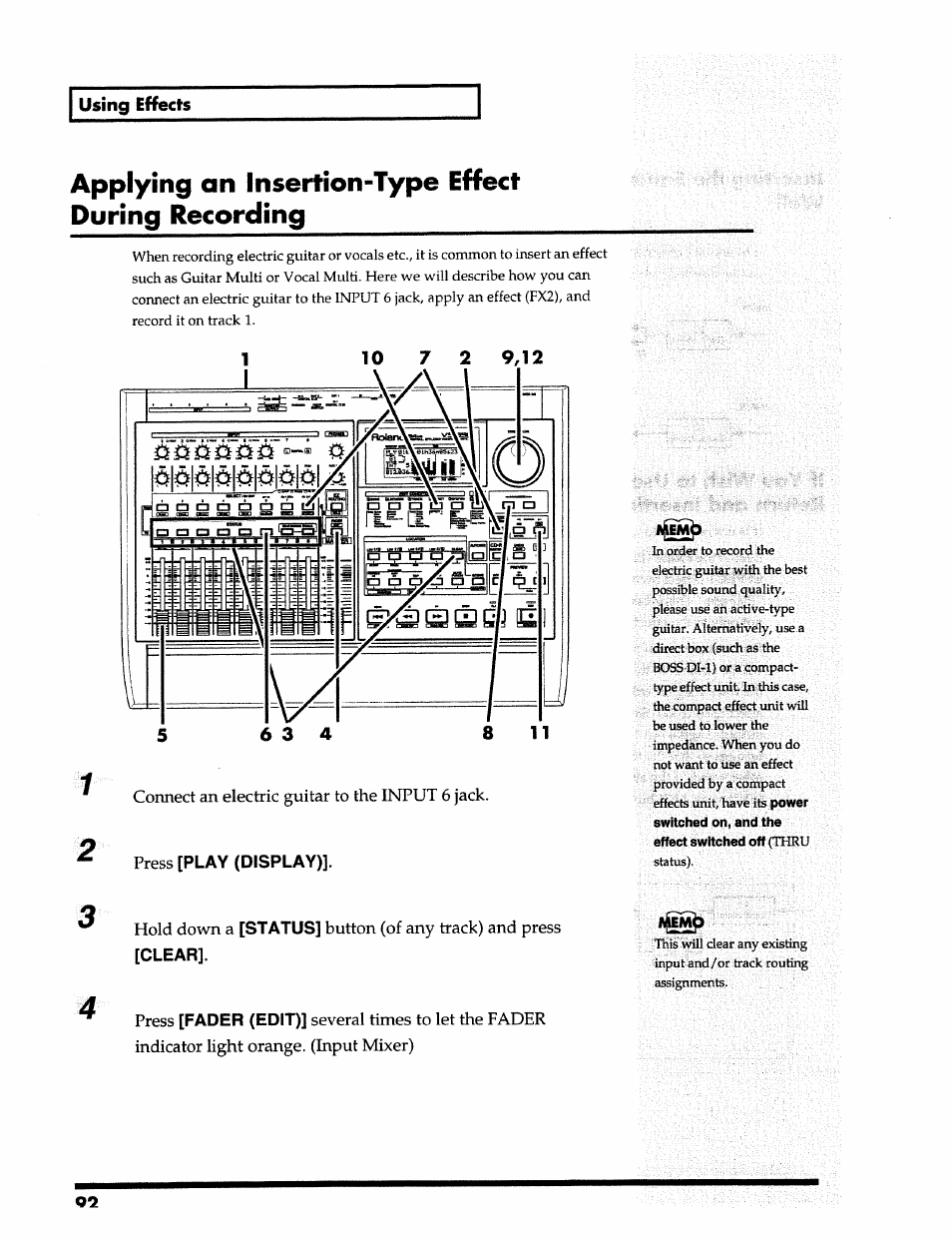 Applying an insertion-type effect during recording, Using effects, Play (display) | Status, Clear, Fader (edit) | Roland 24 bit Digital Studio Workstation VS-890 User Manual | Page 92 / 148