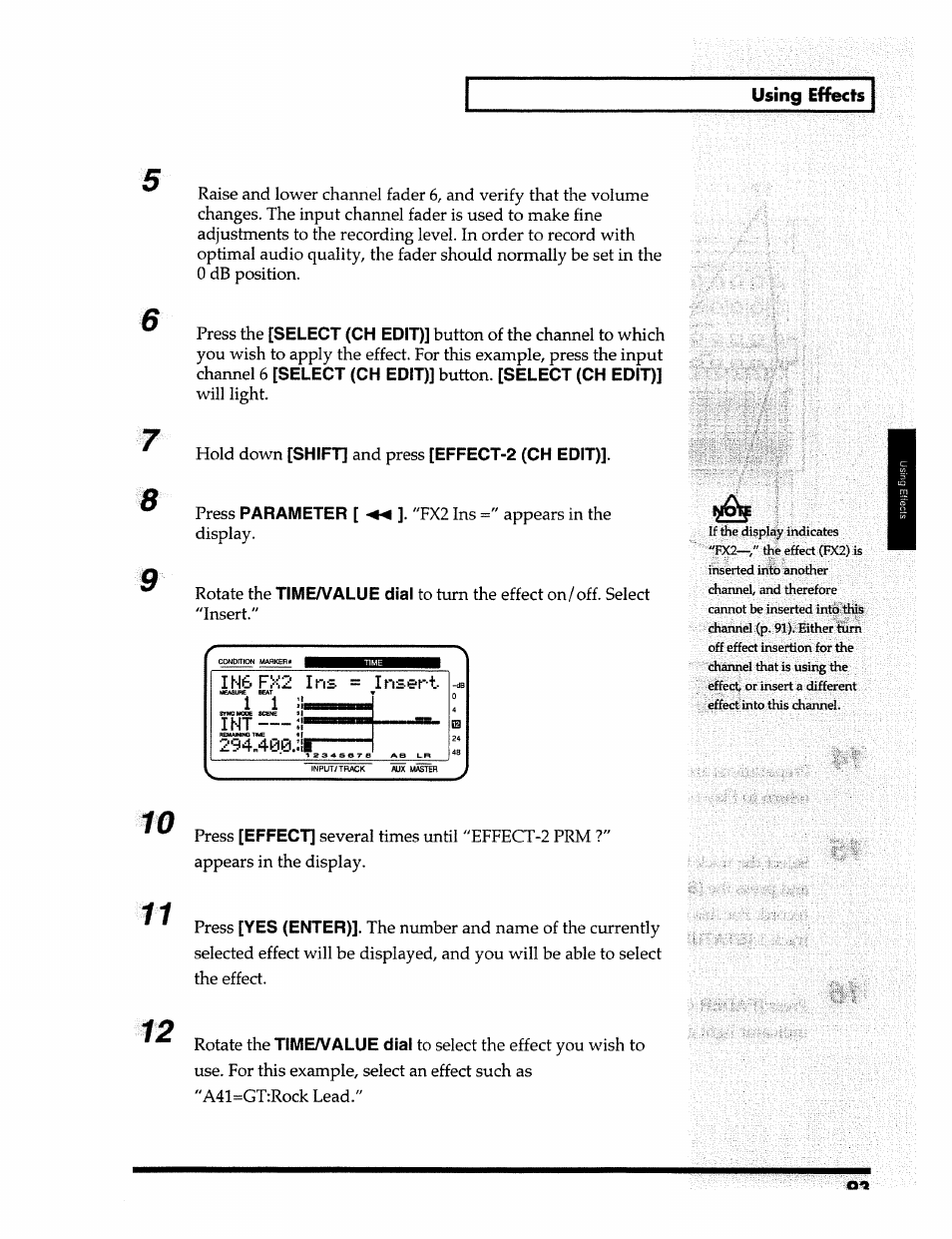 Select (ch edit), Shift, Effect-2 (ch edit) | Parameter, Timeafalue dial, Using effects, Effect, Yes (enter), Time/value dial | Roland 24 bit Digital Studio Workstation VS-890 User Manual | Page 93 / 148