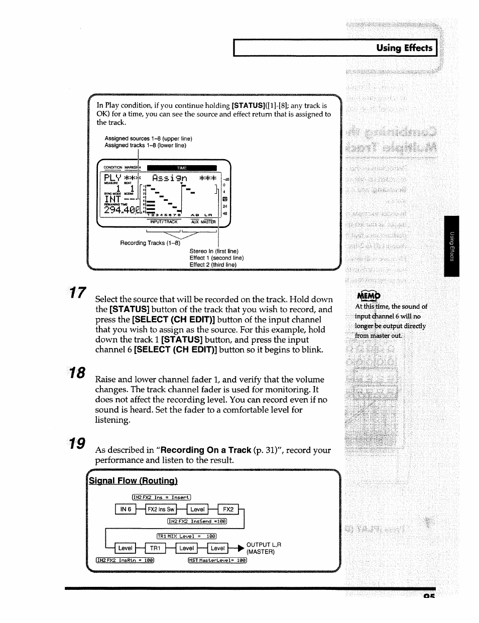 Using effects, Status, Select (ch edit) | Recording on a track | Roland 24 bit Digital Studio Workstation VS-890 User Manual | Page 95 / 148